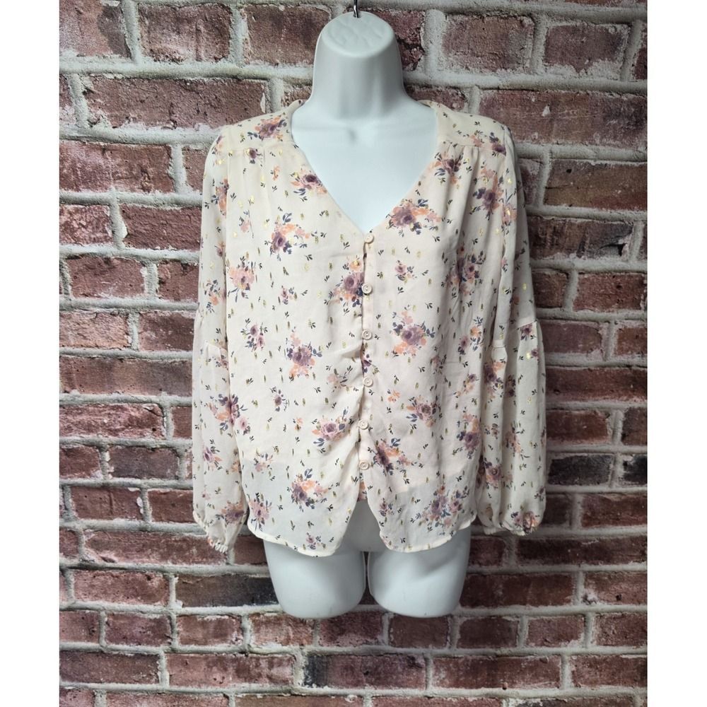 Women's EVERLY Pink Floral‎ Bell Sleeves Sheer Blouse Small